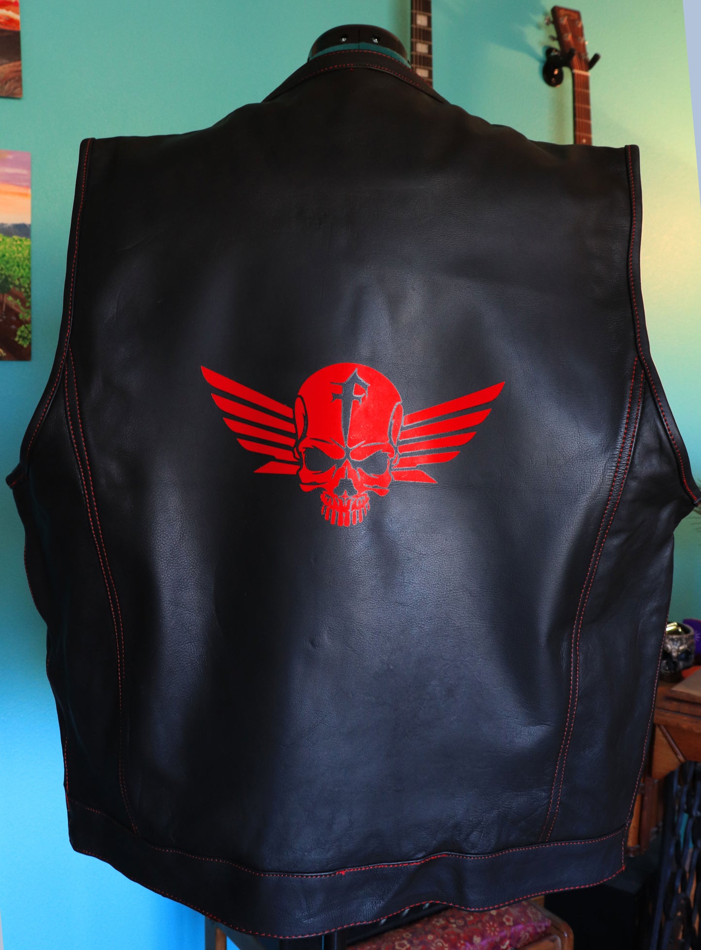 Leather Biker Vest w/ Red Stitching and Fury Nation logo