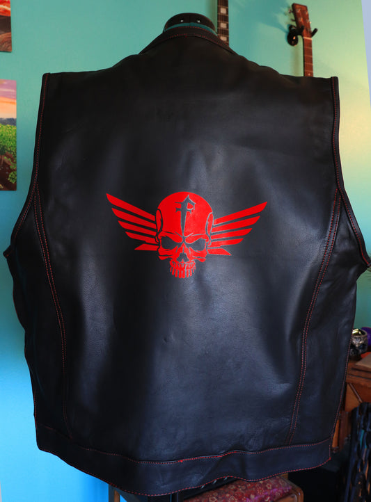 Leather Biker Vest w/ Red Stitching and Fury Nation logo